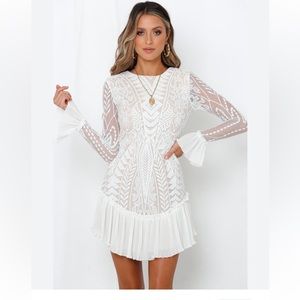 All Saints White Long Sleeve Lace Mini Dress